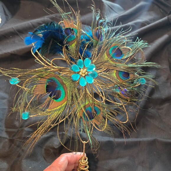 Art Deco Style PEACOCK Feathers Tree Topper w/ Gold & Glitter - Picture 5 of 5
